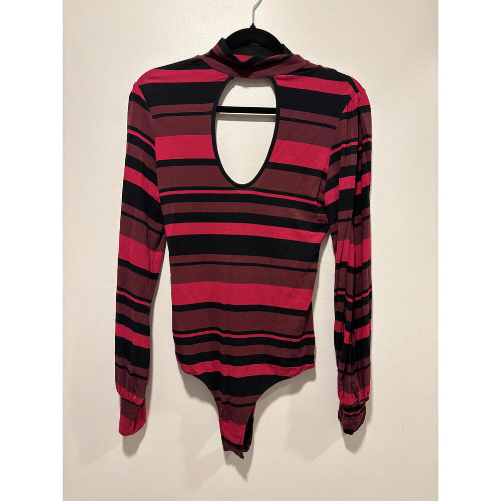 Vintage BEBE Y2K Striped Jersey Bodysuit with Keyhole Neck